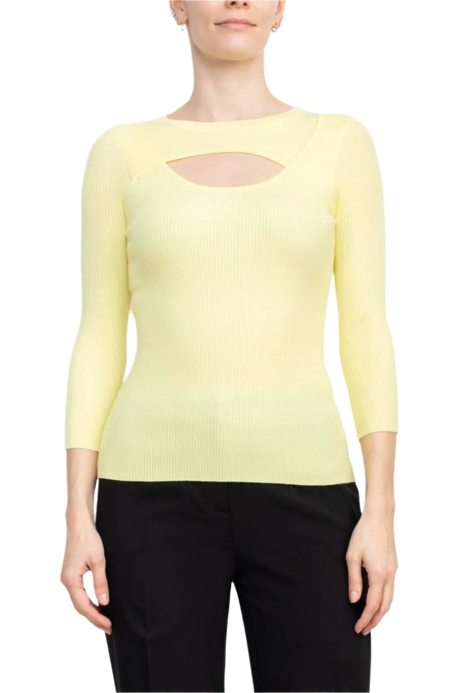 Joan Vass NY Crew Neck 3/4 Sleeve Ribbed Pullover Cutout Chest Detail Knit Top