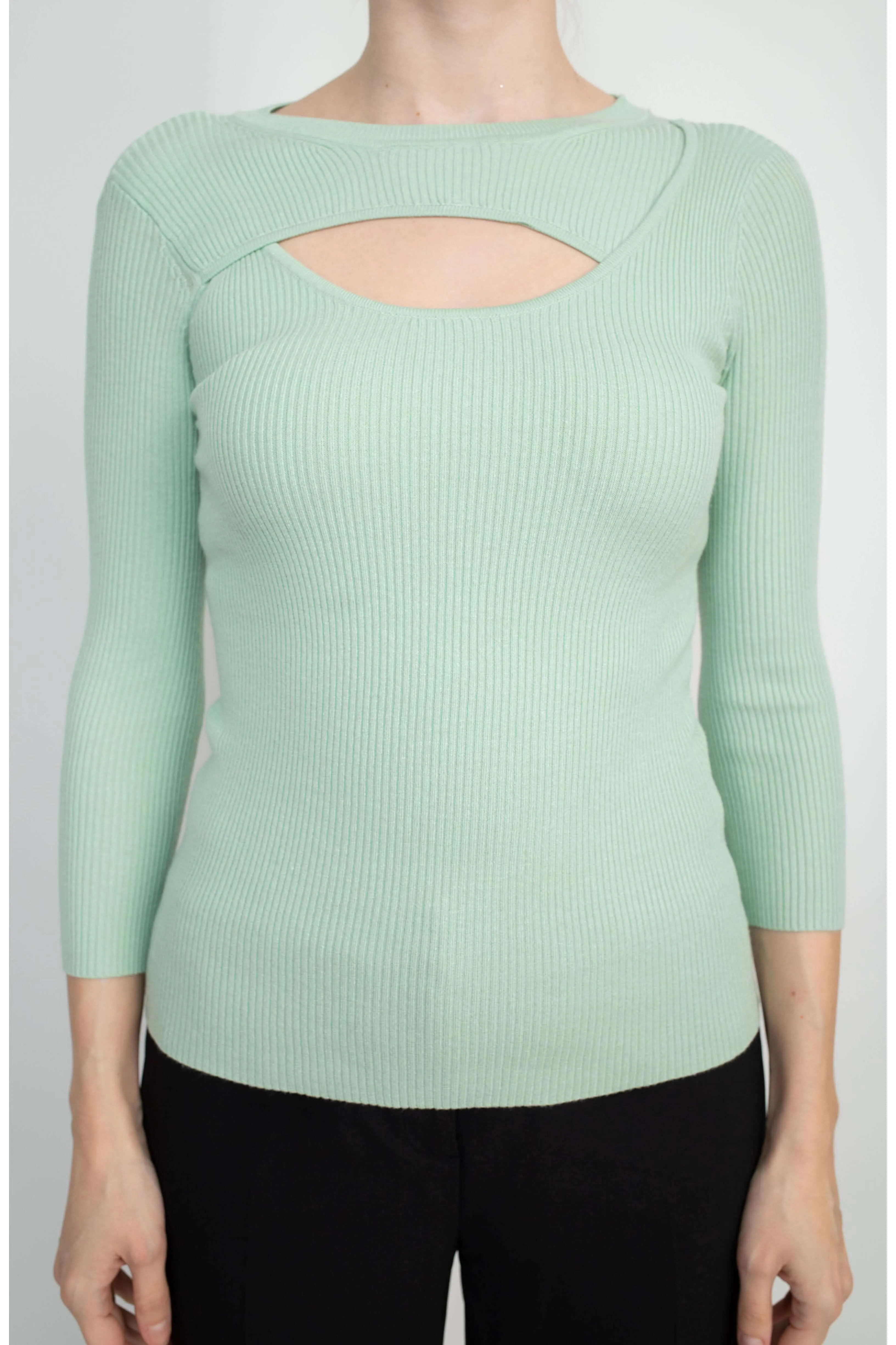 Joan Vass NY Crew Neck 3/4 Sleeve Ribbed Pullover Cutout Chest Detail Knit Top