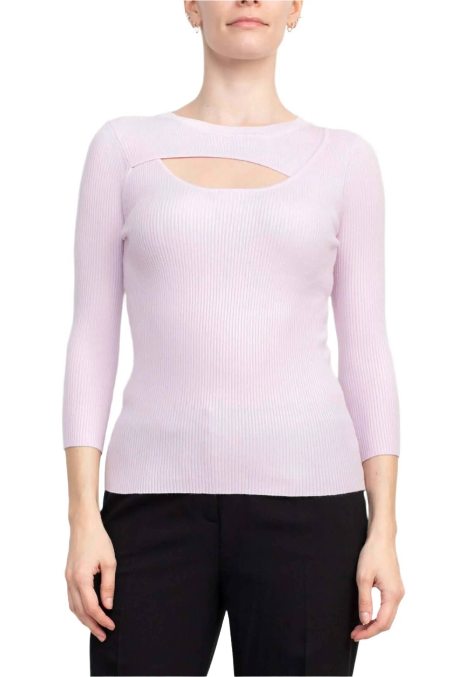 Joan Vass NY Crew Neck 3/4 Sleeve Ribbed Pullover Cutout Chest Detail Knit Top