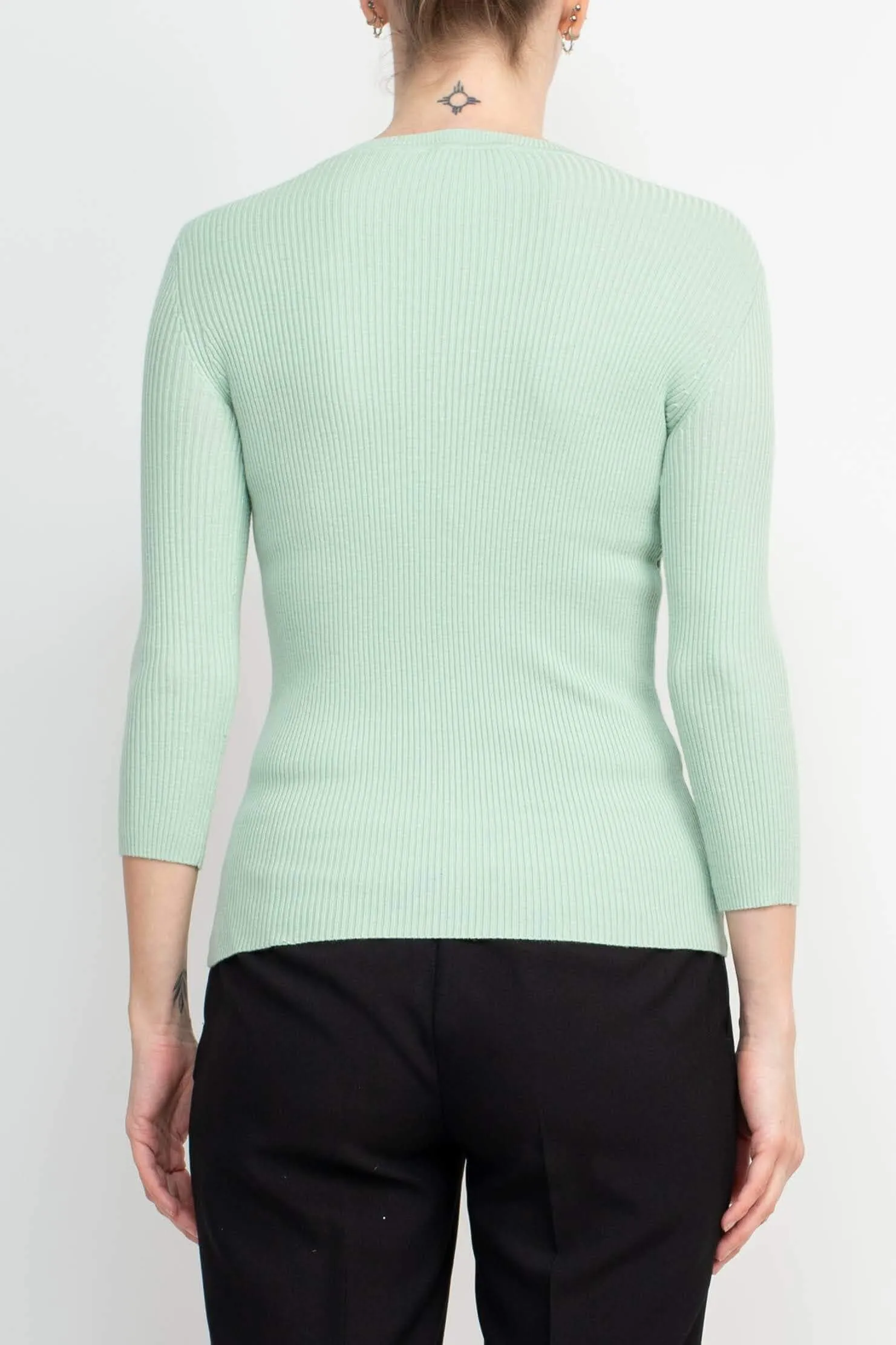 Joan Vass NY Crew Neck 3/4 Sleeve Ribbed Pullover Cutout Chest Detail Knit Top