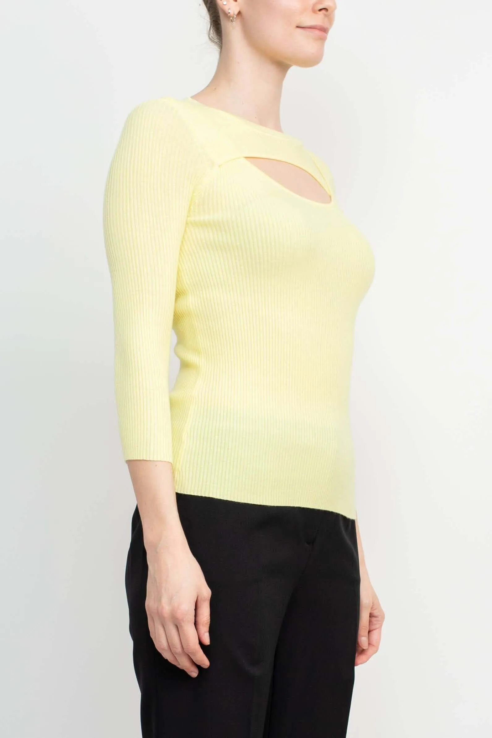 Joan Vass NY Crew Neck 3/4 Sleeve Ribbed Pullover Cutout Chest Detail Knit Top