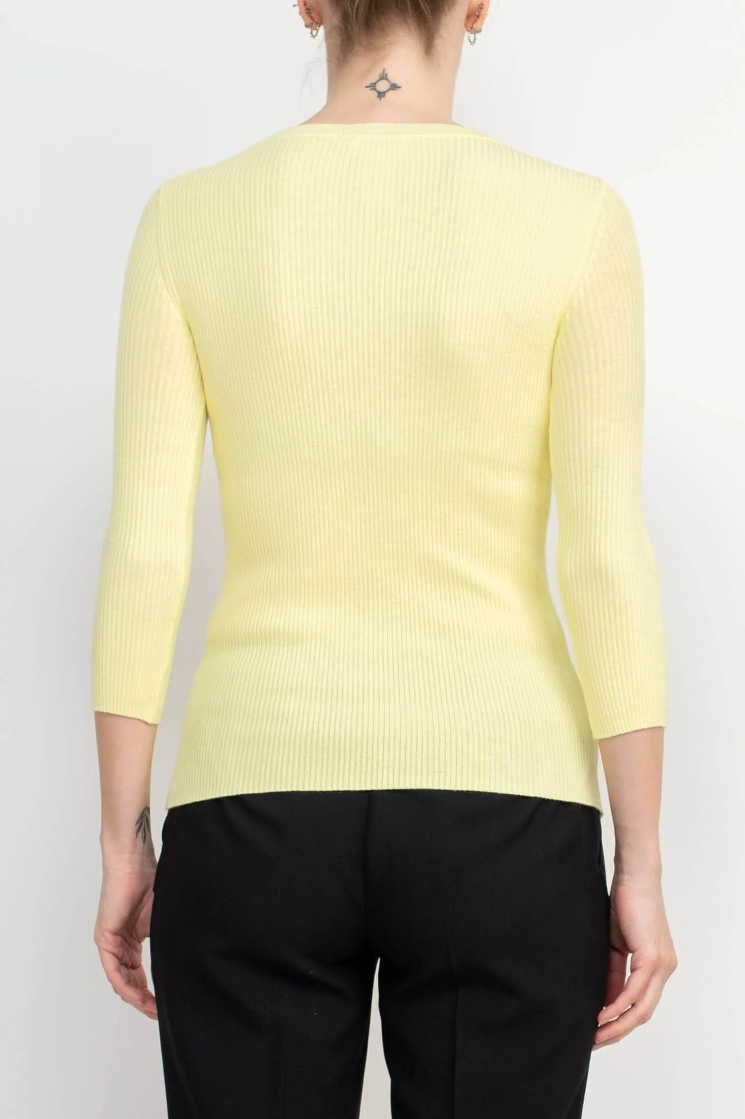 Joan Vass NY Crew Neck 3/4 Sleeve Ribbed Pullover Cutout Chest Detail Knit Top