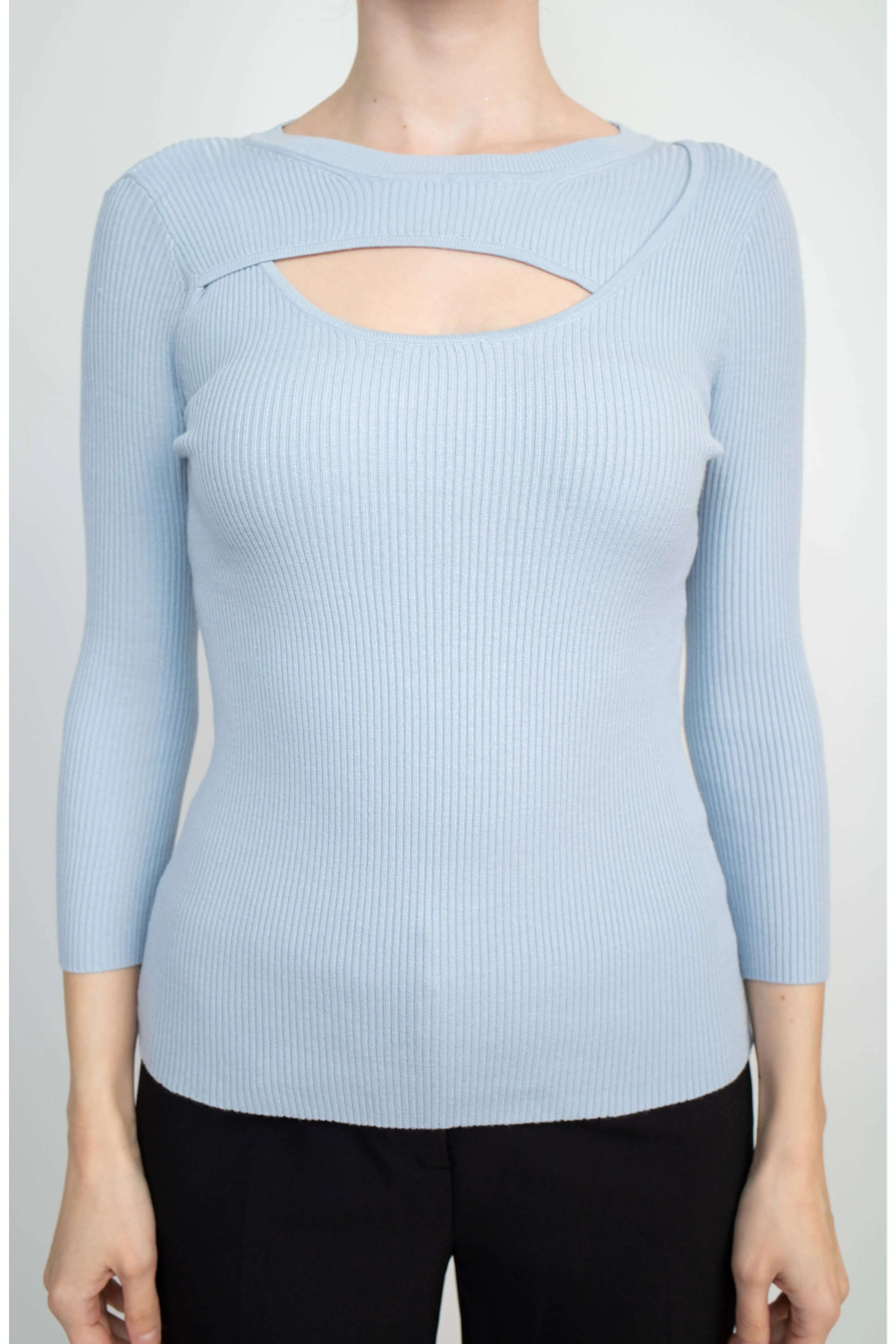 Joan Vass NY Crew Neck 3/4 Sleeve Ribbed Pullover Cutout Chest Detail Knit Top