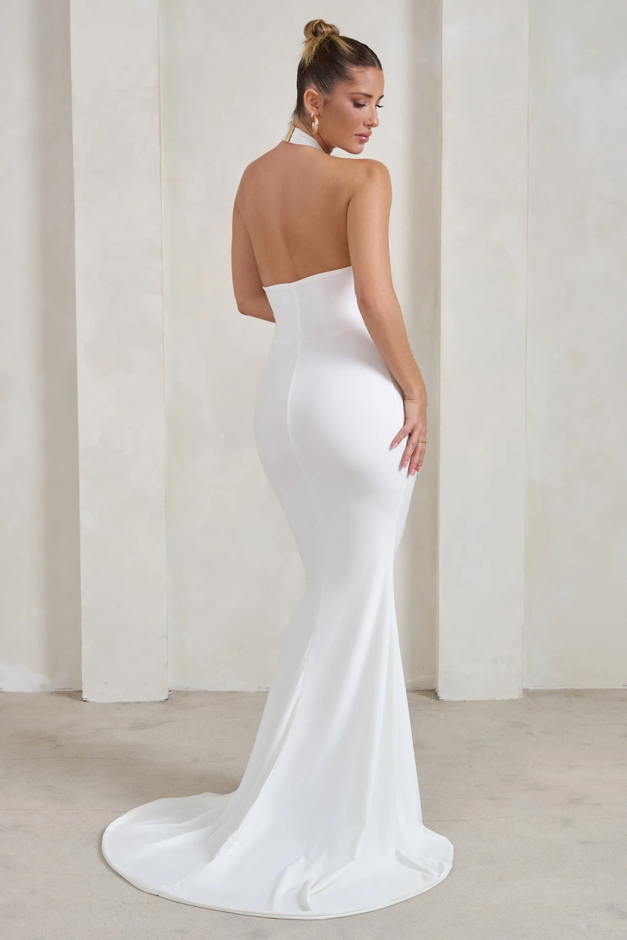 Jodie | White Halterneck Fishtail Maxi Dress With Split