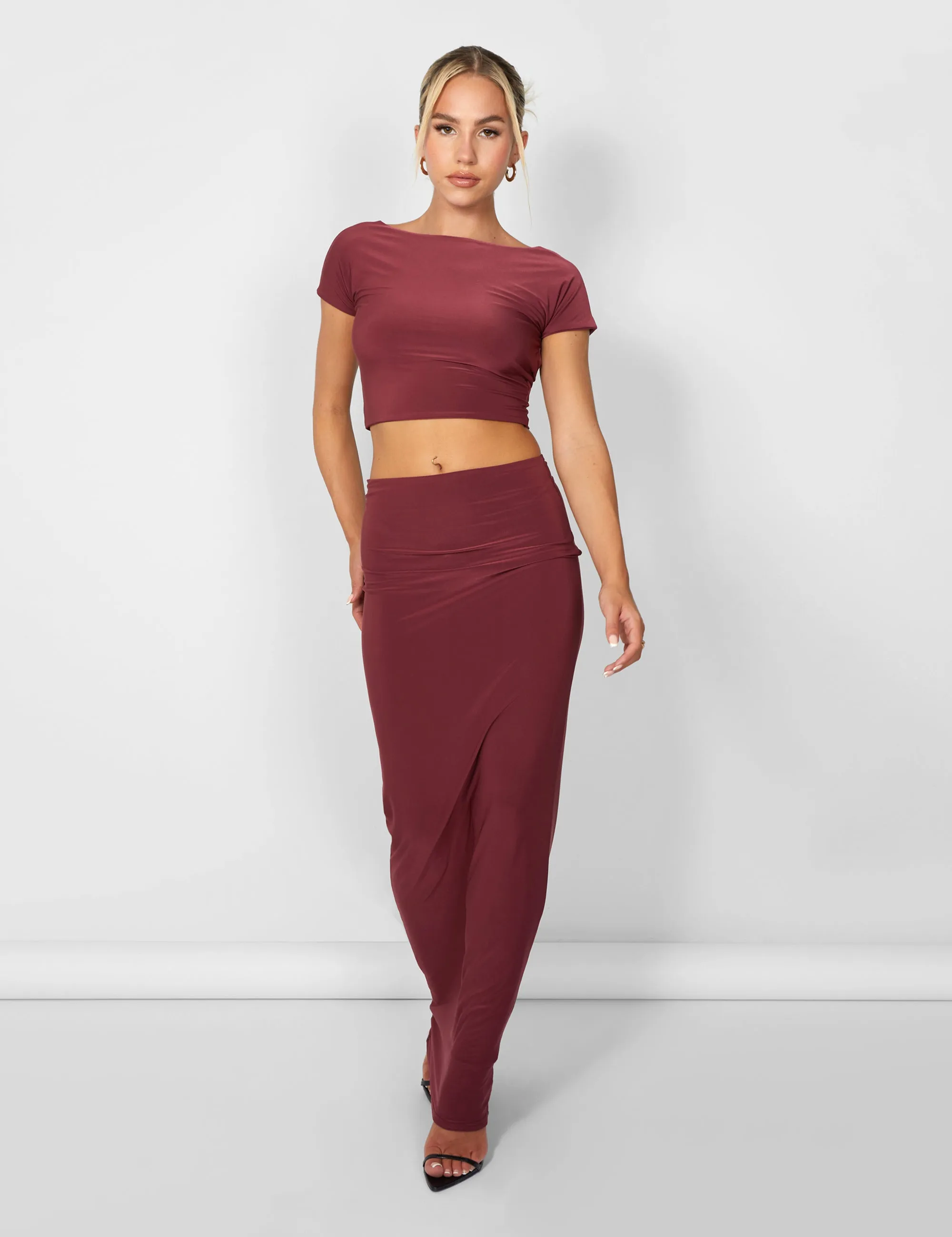 Kaiia Slinky Column Maxi Skirt Co-ord in Burgundy