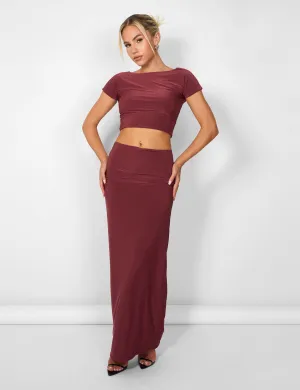 Kaiia Slinky Column Maxi Skirt Co-ord in Burgundy