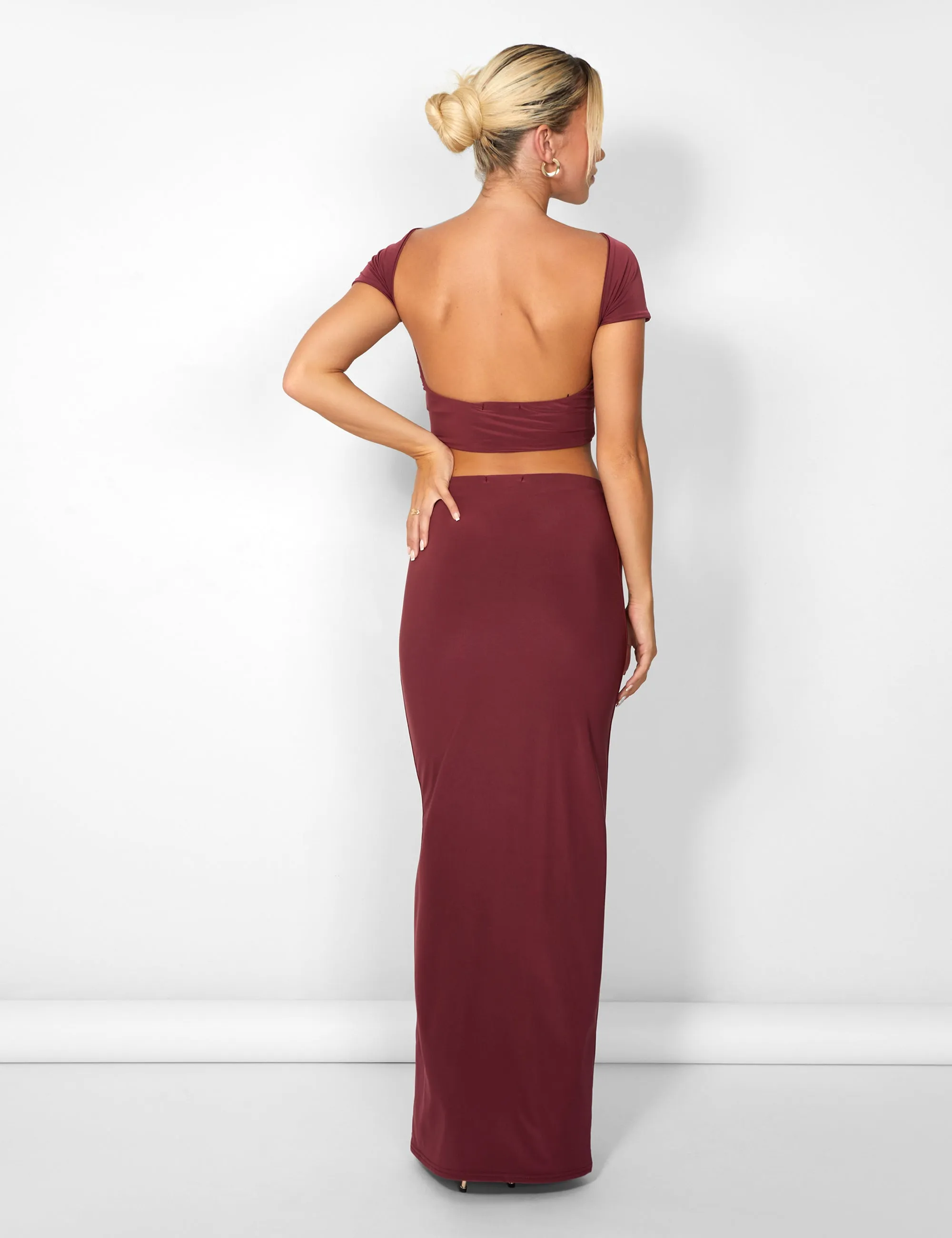 Kaiia Slinky Column Maxi Skirt Co-ord in Burgundy