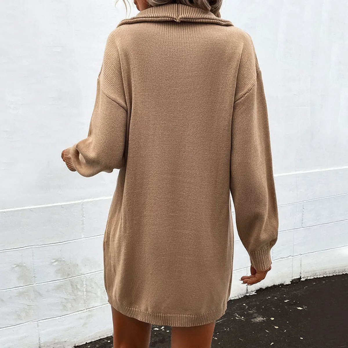 Khaki Collared Neck Buttoned Sweater Mini Dress