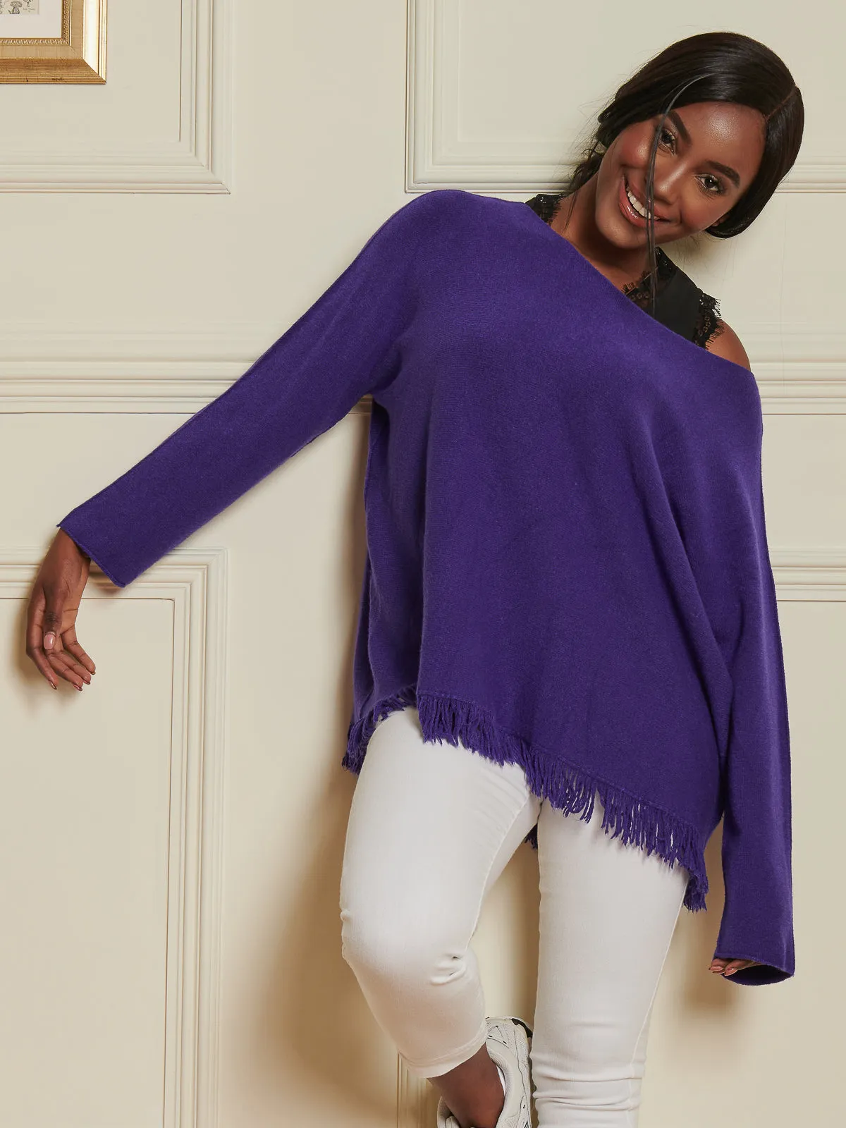 Knitted Fringe Detail Jumper, Purple