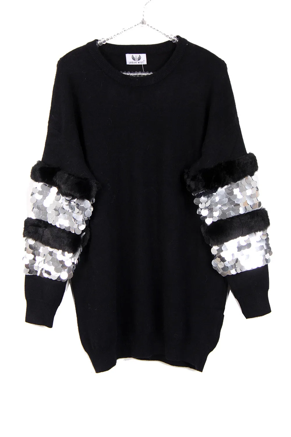 Knitted Jumper With Sequin and Faux fur Trim Sleeve