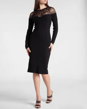 Lace Pieced Sweater Midi Dress in Pitch Black