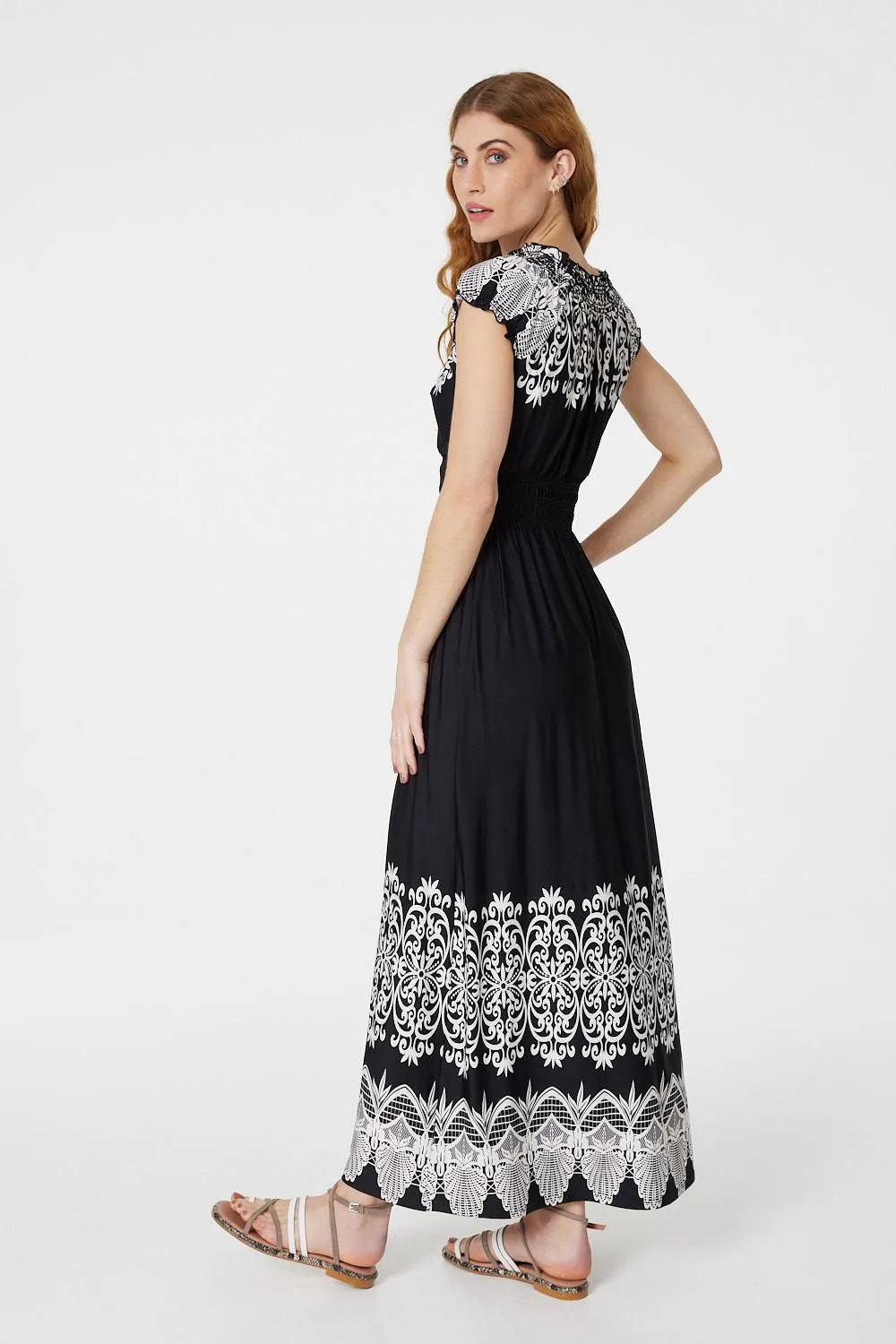 Lace Print Cap Sleeve Maxi Dress