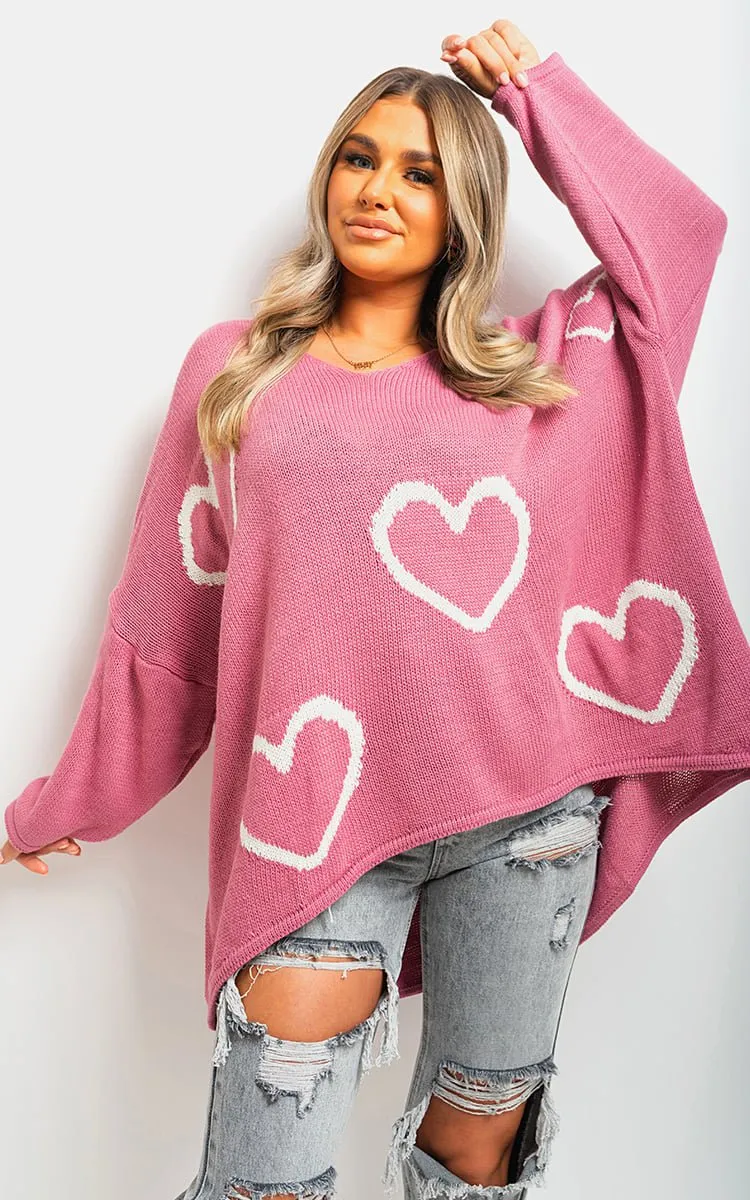 Lailah Knitted Oversized Heart Prints Jumper