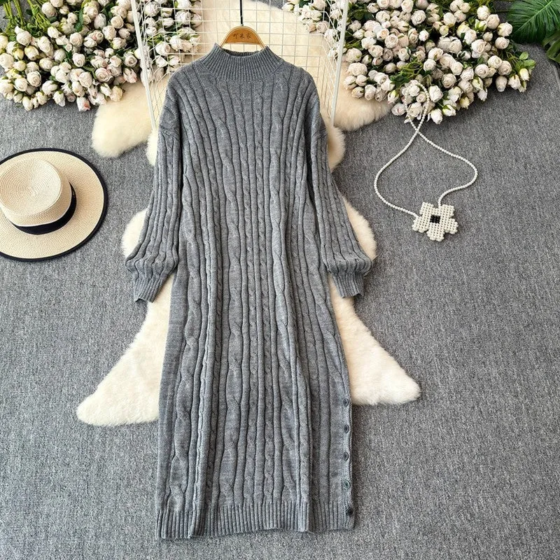 Lanfubeisi long sweater dress outfit Autumn and Winter Korean Style Loose Lazy Style Mid-Length Knitted Dress Women's Half Turtleneck Twist Sweater Skirt Fashion