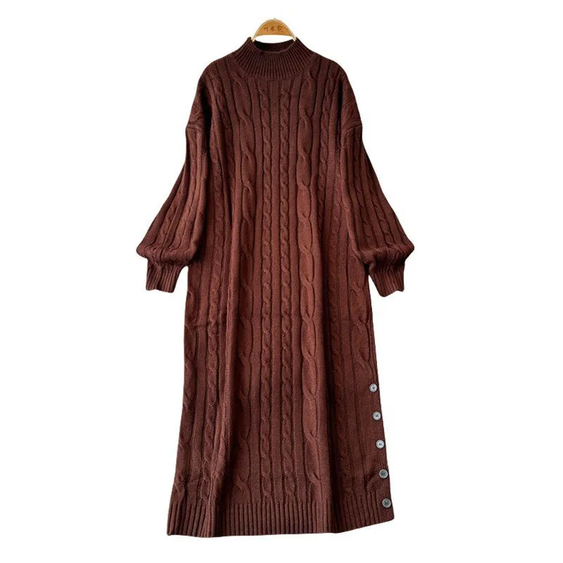 Lanfubeisi long sweater dress outfit Autumn and Winter Korean Style Loose Lazy Style Mid-Length Knitted Dress Women's Half Turtleneck Twist Sweater Skirt Fashion