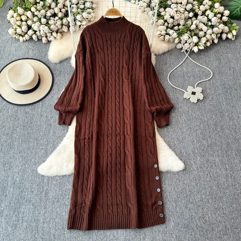 Lanfubeisi long sweater dress outfit Autumn and Winter Korean Style Loose Lazy Style Mid-Length Knitted Dress Women's Half Turtleneck Twist Sweater Skirt Fashion