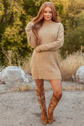 Latte Cable Knit Loose Fit Short Sweater Dress