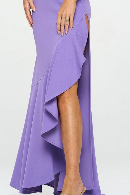 Lavender Strapless High Slit Ruffle Long Formal Dress