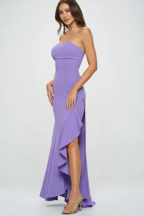 Lavender Strapless High Slit Ruffle Long Formal Dress