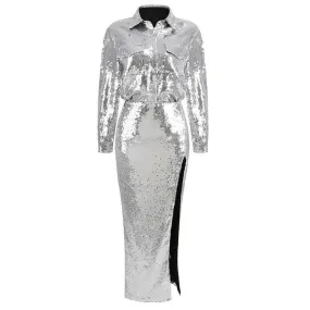 Linda Long Sleeve Sequin Two Piece Maxi Dress