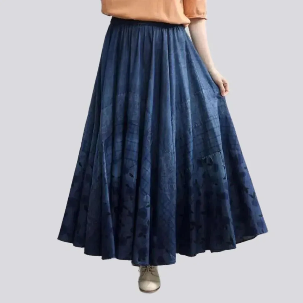 Long dark wash jeans skirt
 for women