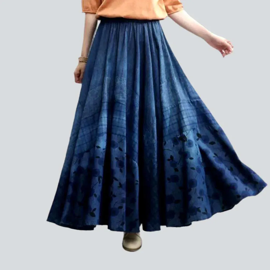 Long dark wash jeans skirt
 for women