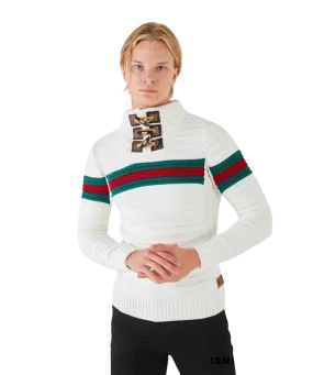 Lragos Red Men's White Sweaters Slim-Fit Red and Green Stripe fashion style