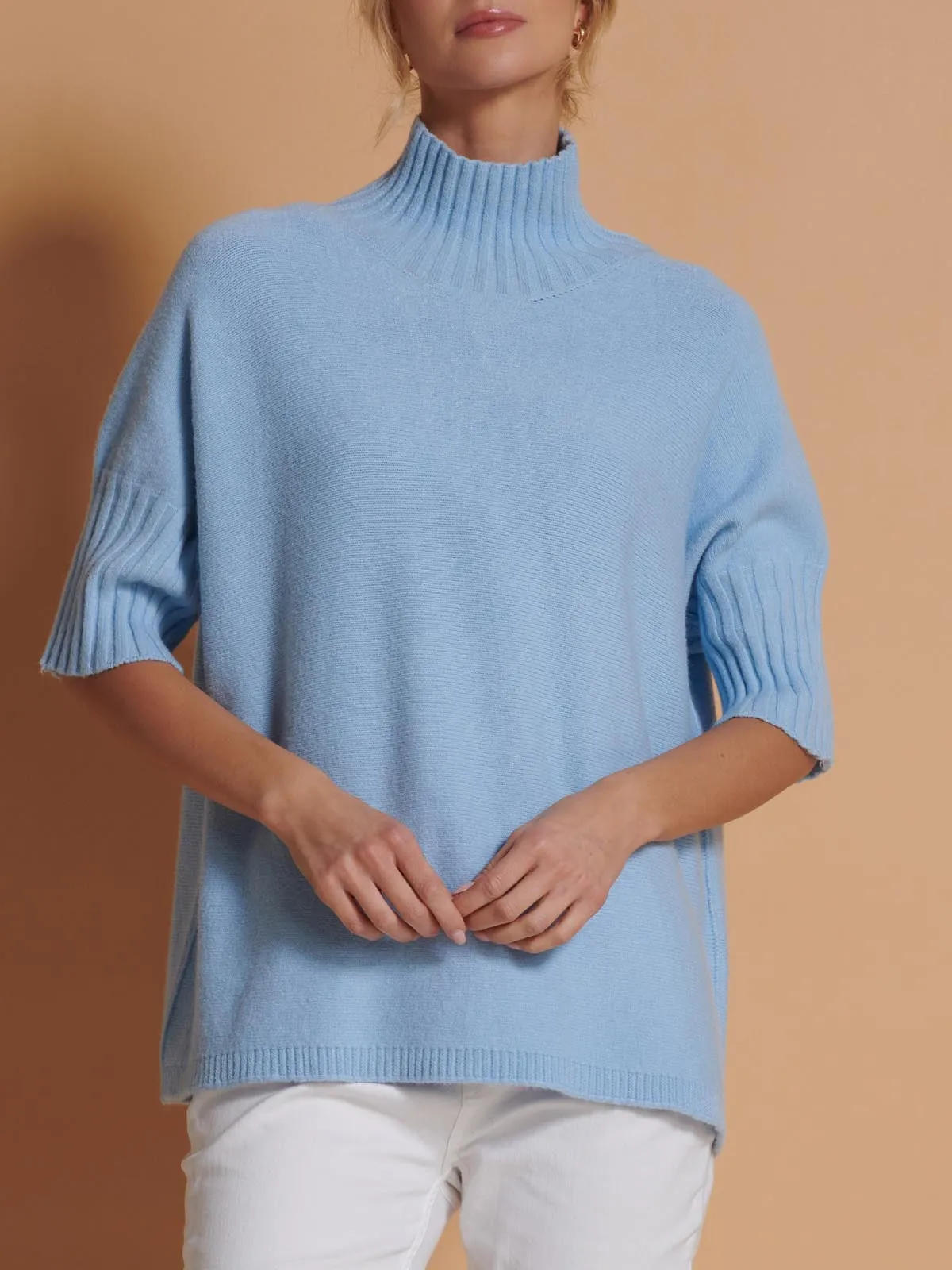 Made in Italy High Neck Half Sleeve Jumper, Baby Blue