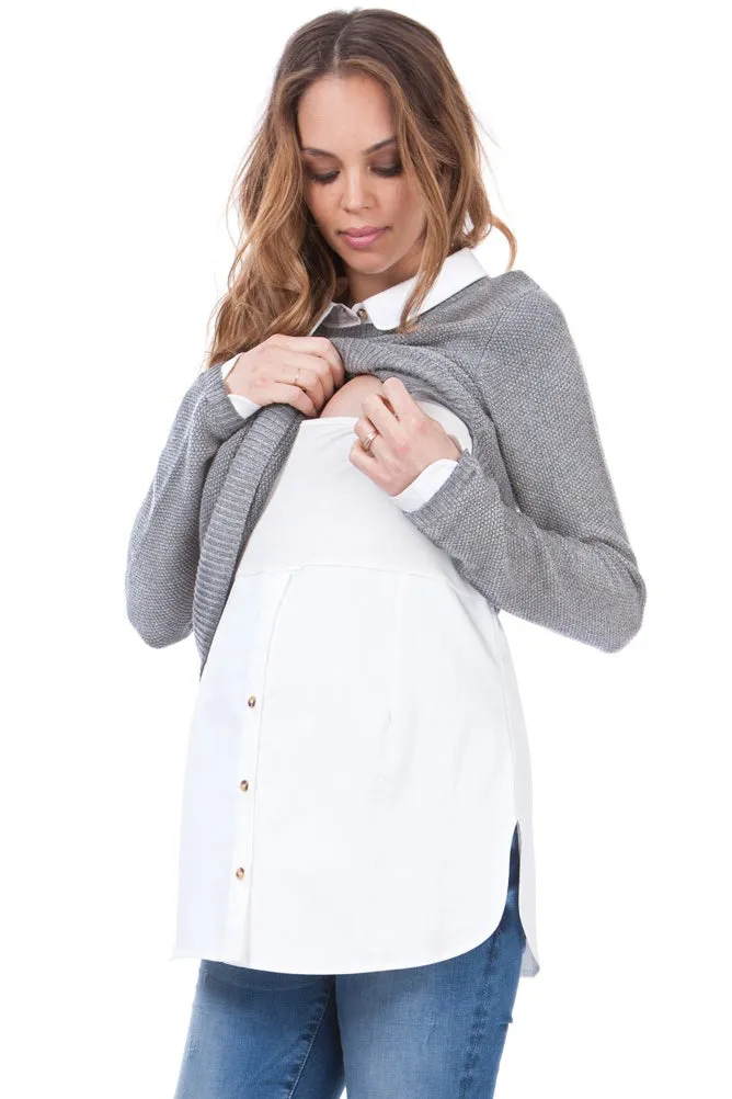 Marianne Cotton Grey Mock Shirt Maternity & Nursing sweater