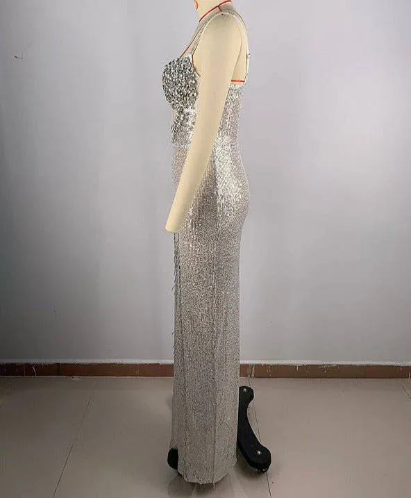 Mary Rhinestone High Slit Cut Out Maxi Dress