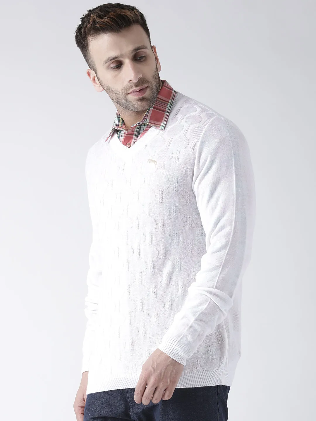 Men White self Design Pullover