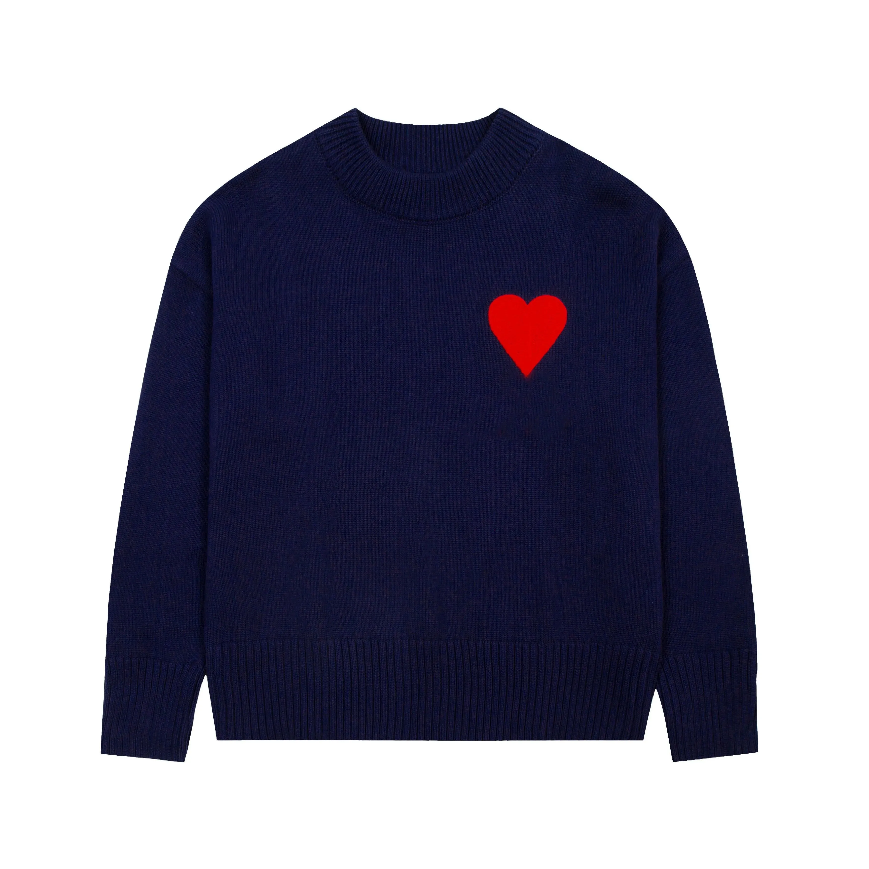 Mens Paris Fashion Designer Knitted Sweater Embroidered Red Heart Solid Color Big Love Round Neck Short Sleeve Amisweater Am i Pullover YMVX