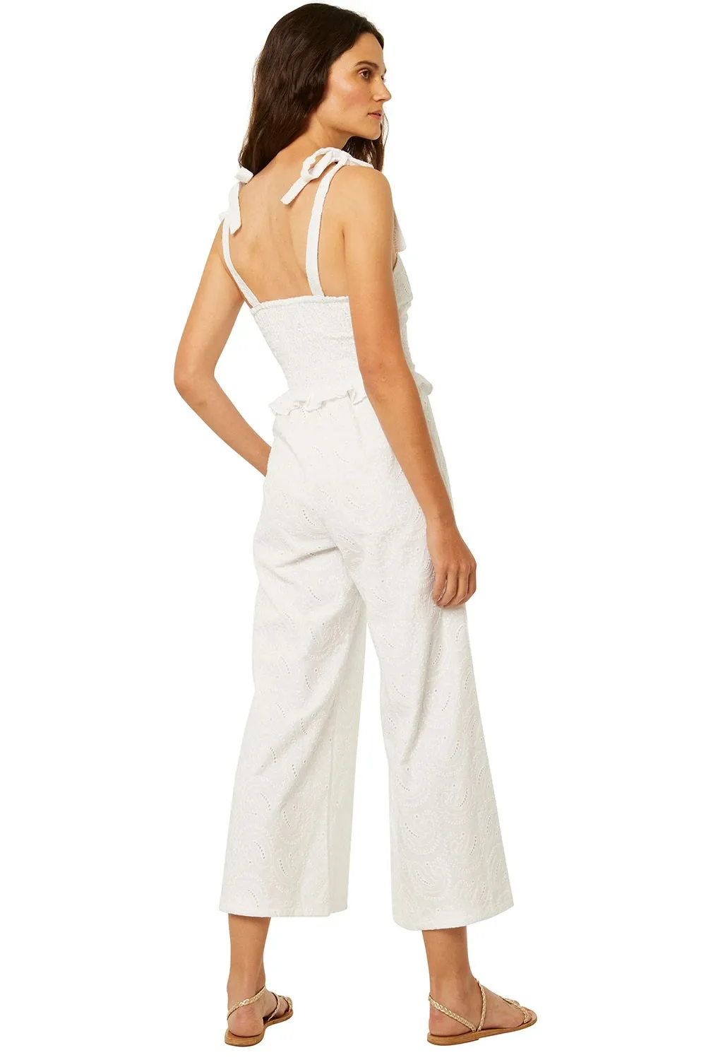 Misa - Etta Jumpsuit in White Paisley Eyelet