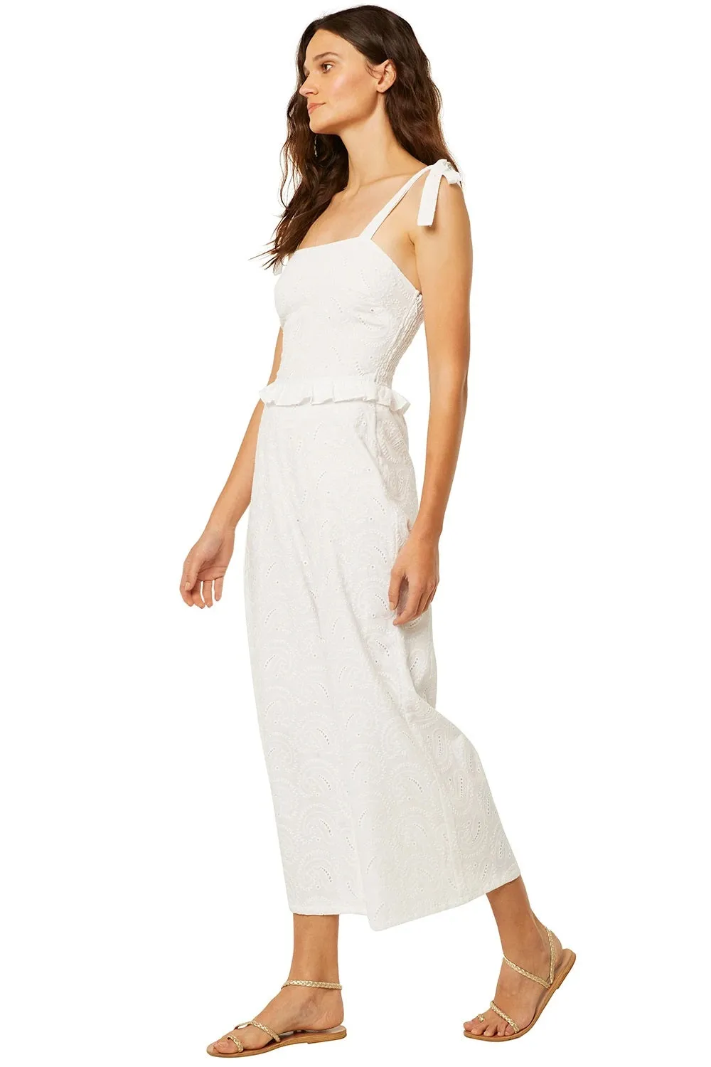 Misa - Etta Jumpsuit in White Paisley Eyelet