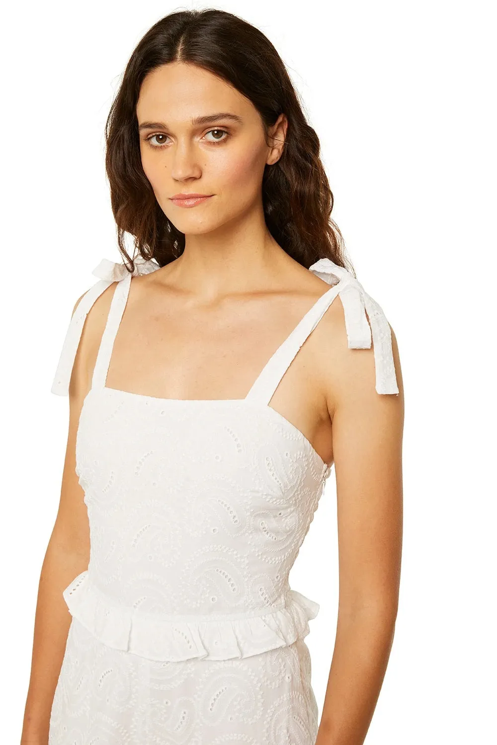 Misa - Etta Jumpsuit in White Paisley Eyelet