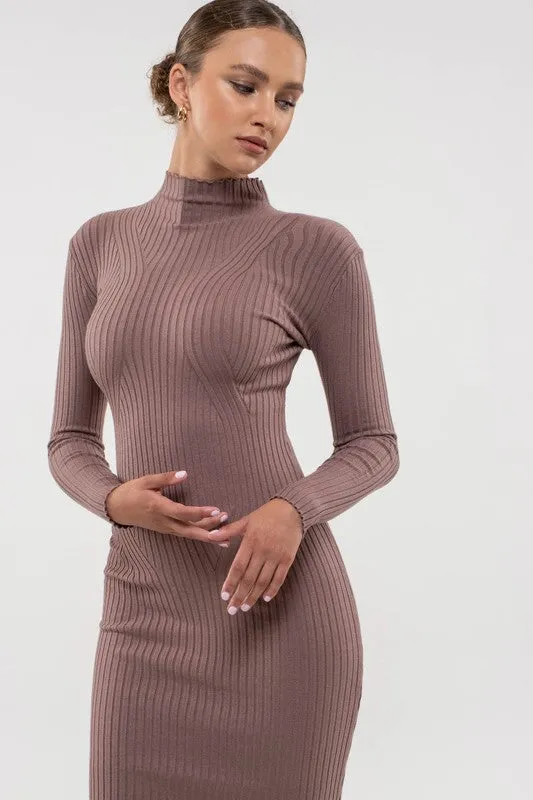 Mock Neck Long Sleeve Sweater Knit Midi Dress