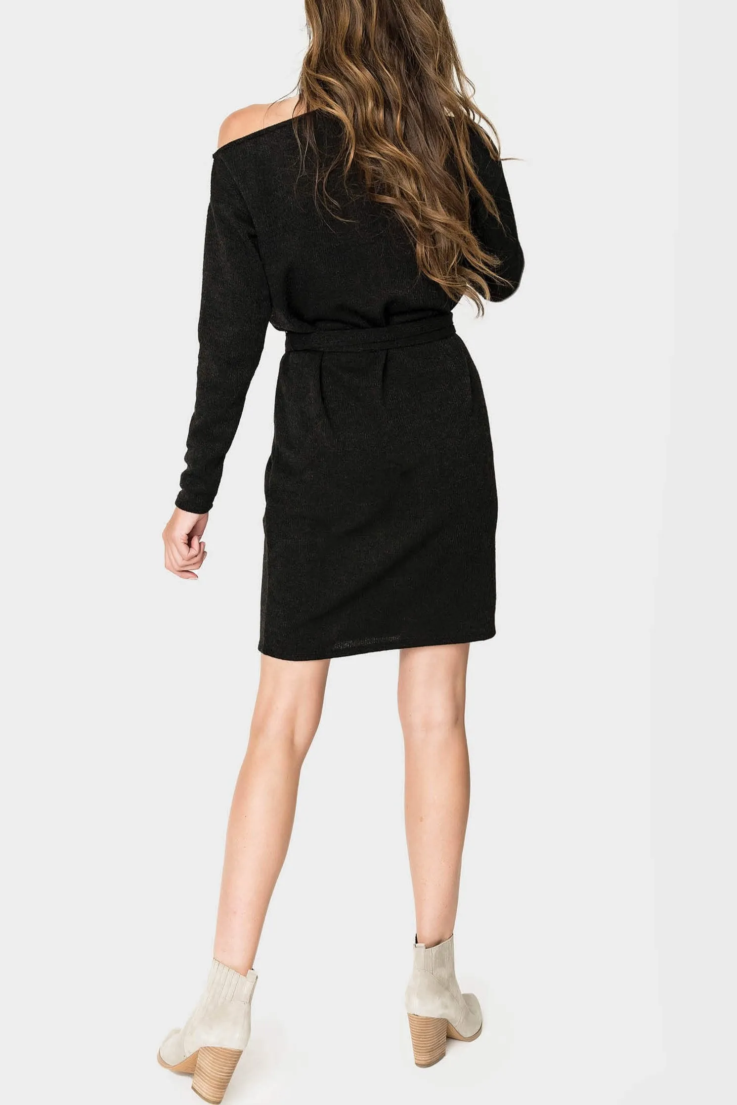 Mock Neck Ribbed One Shoulder Cut Out Knit Dress