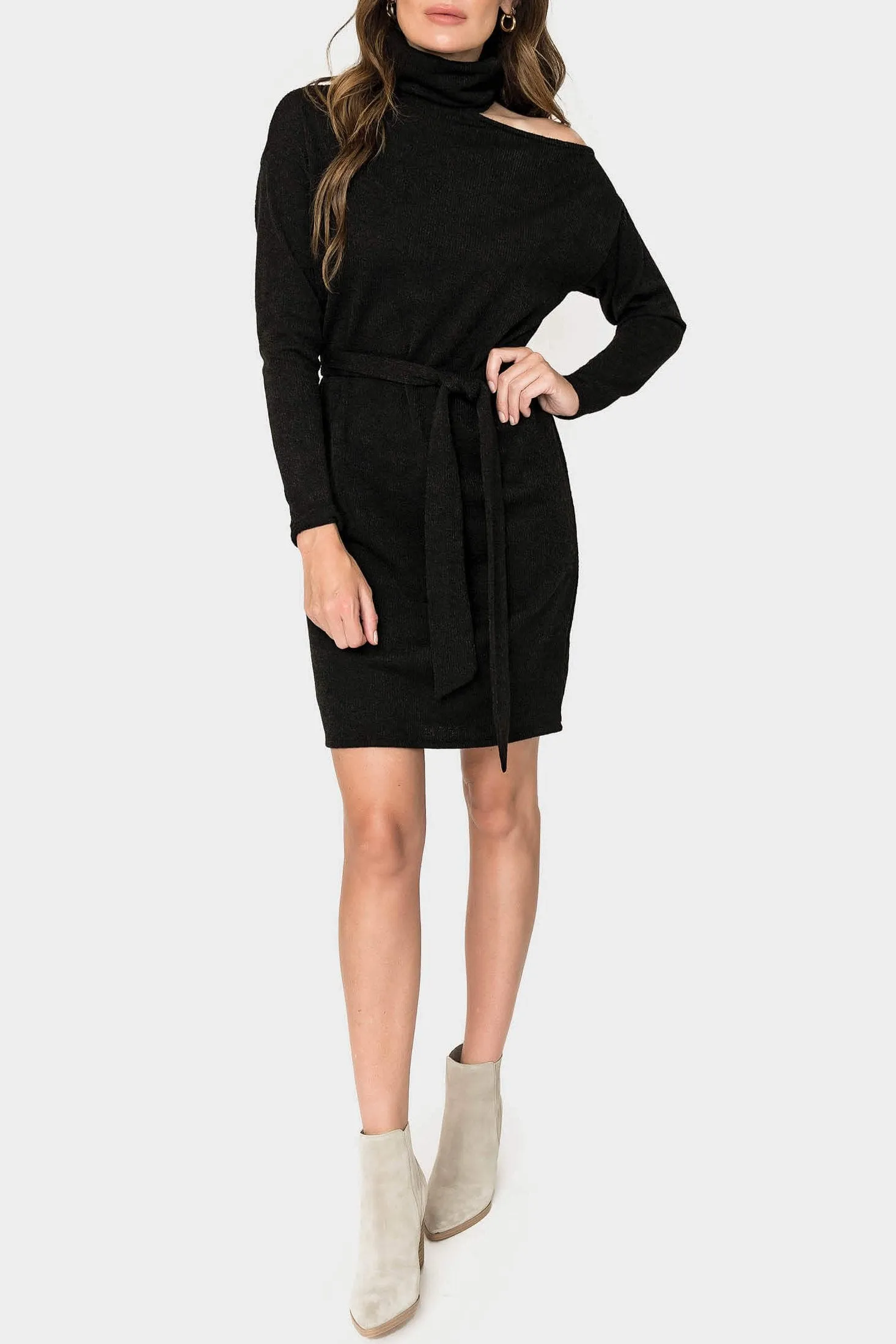 Mock Neck Ribbed One Shoulder Cut Out Knit Dress