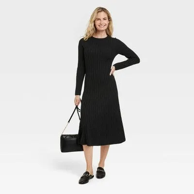 New - Women's Long Sleeve Midi Ribbed Sweater Dress - A New Day Black M