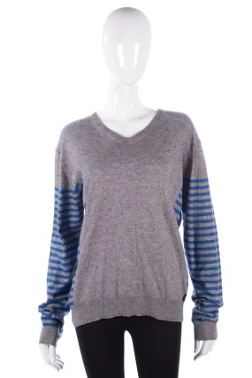 Paul Smith V neck Jumper. Grey with Blue Stripped Sleeves and Sides Size L