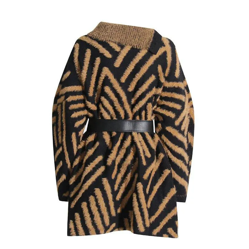 Phillipa Striped Patchwork Knitting With Belt Loose Sweater Dress