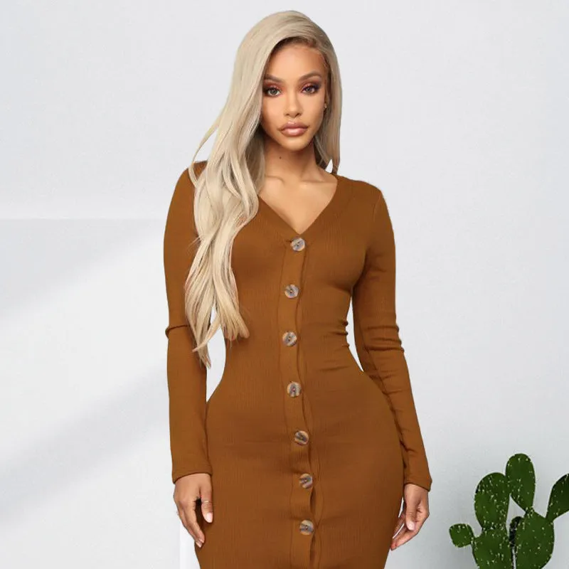 Praia Cotton Blend Ribbed Button Down Midi Dress - Camel - FINAL SALE