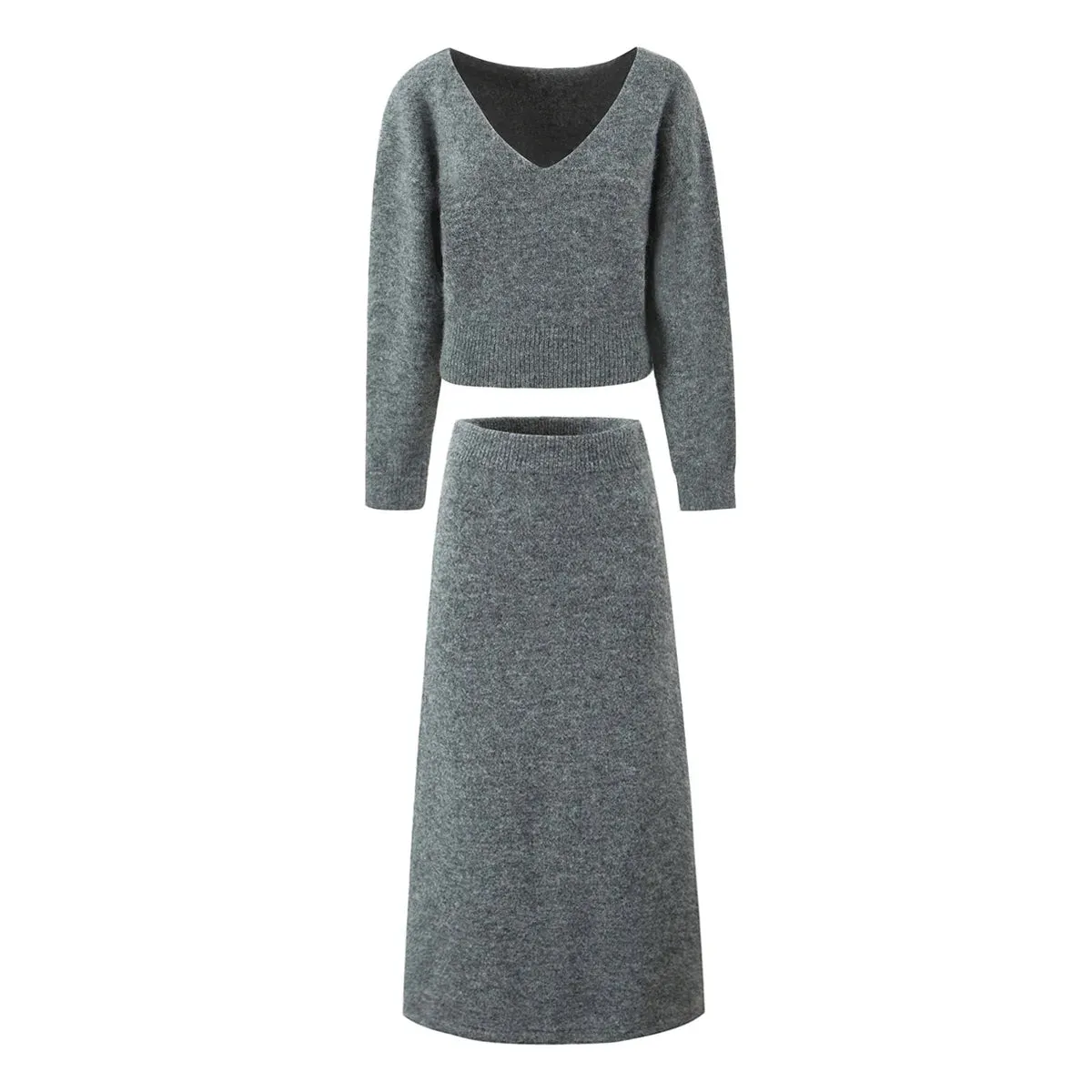 Pre Order: Gray V-Neck Knitted Pullover   Skirt Set