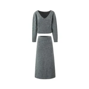 Pre Order: Gray V-Neck Knitted Pullover   Skirt Set