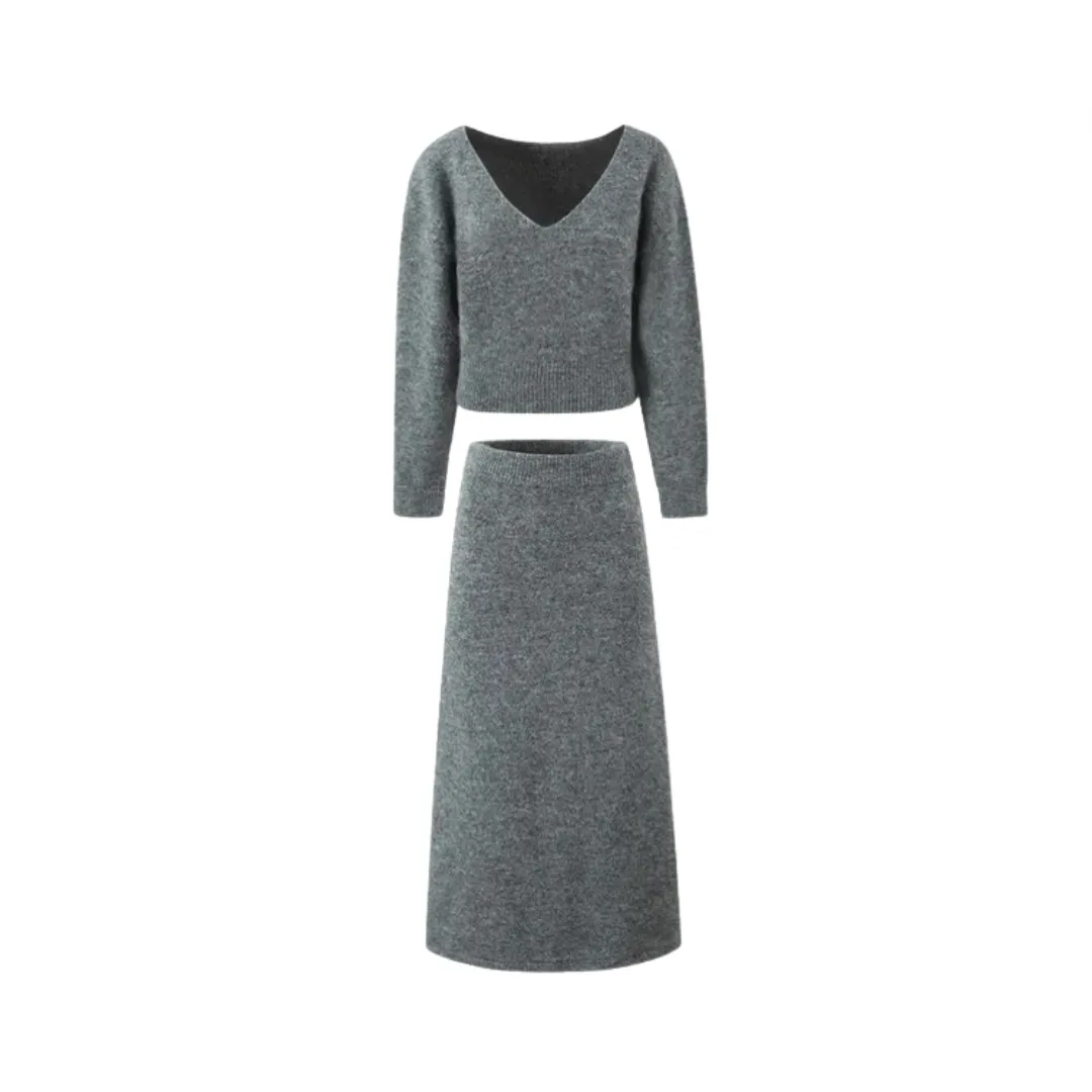 Pre Order: Gray V-Neck Knitted Pullover   Skirt Set