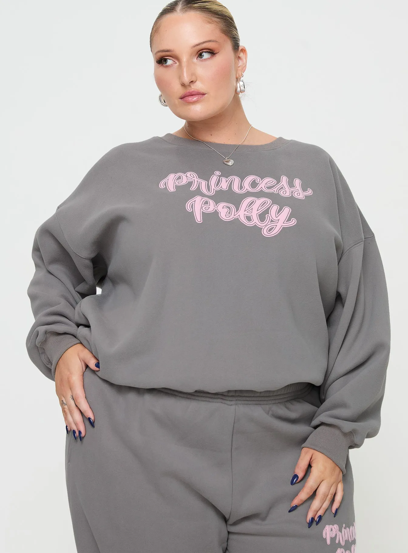 Princess Polly Crew Neck Sweatshirt Puff Text Charcoal Curve