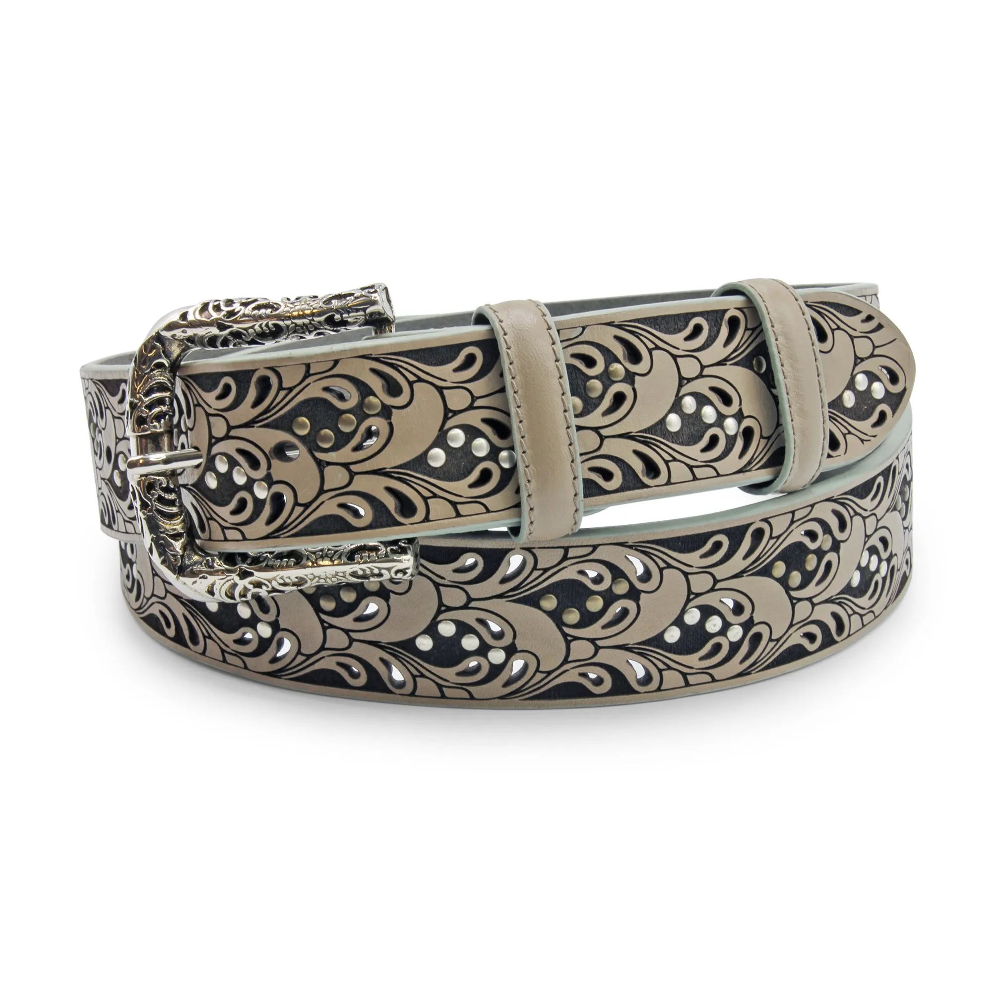 Raft' Paisley Studded Ice Grey Filigree Prong Belt