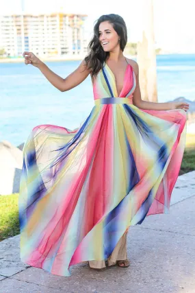 Rainbow Maxi Dress with Criss Cross Back