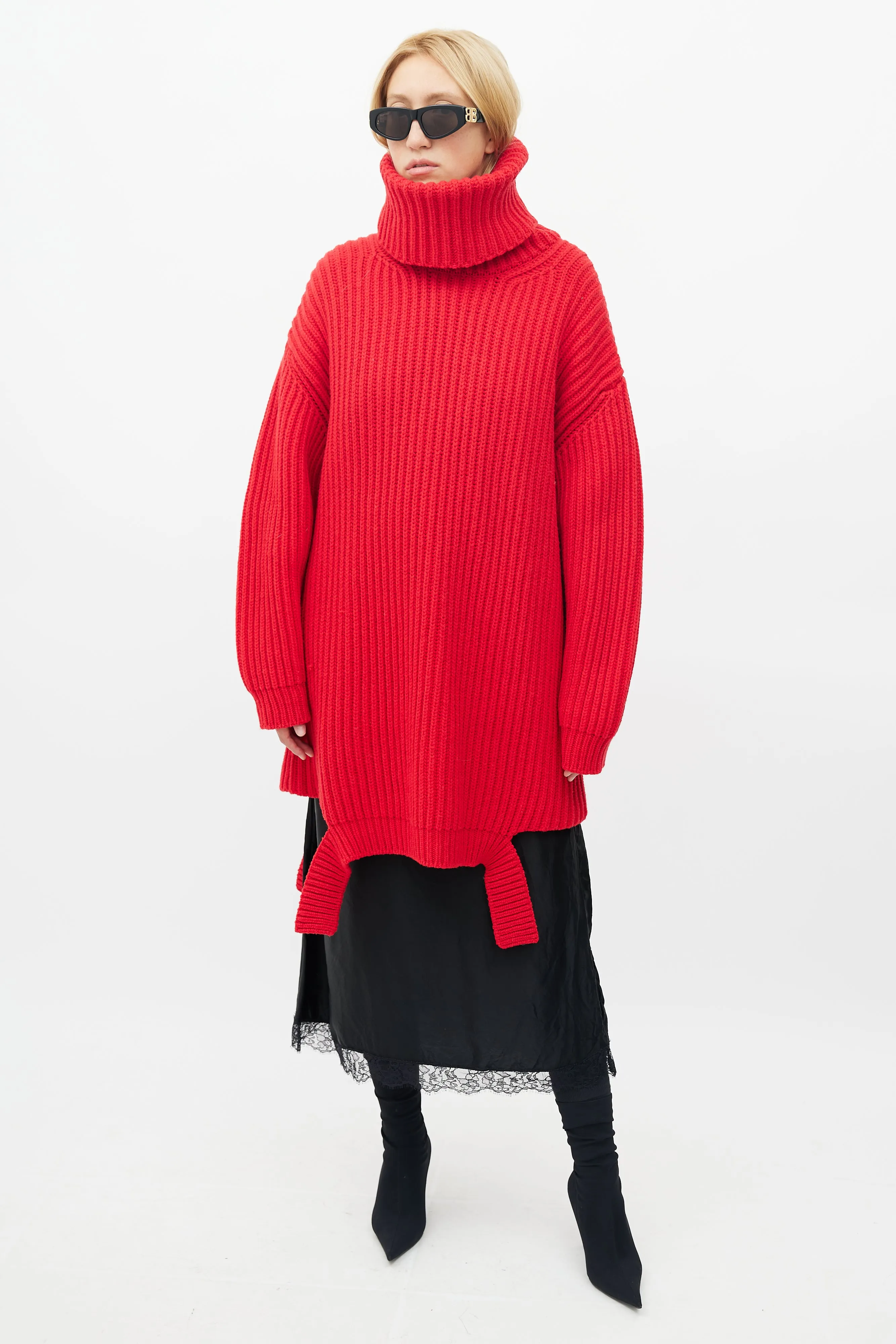 Red Ribbed Knit Sweater Dress