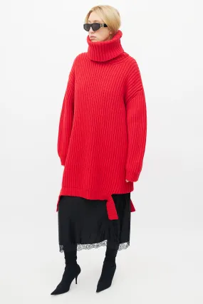 Red Ribbed Knit Sweater Dress